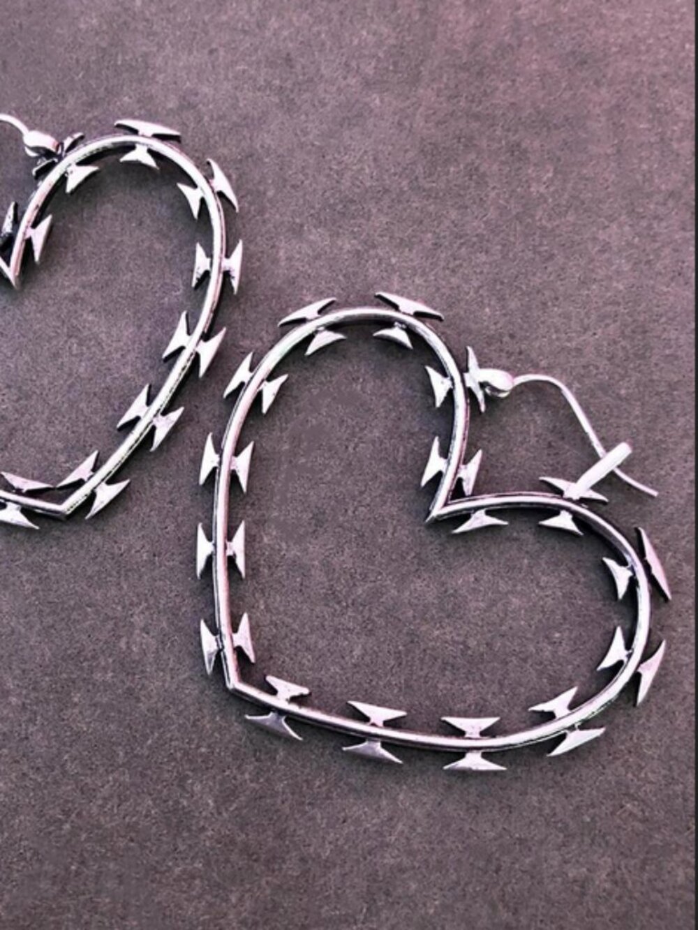 Silver Razor Wire Heart Hoops - Souvenir Jewelry - Picture 4 of 6